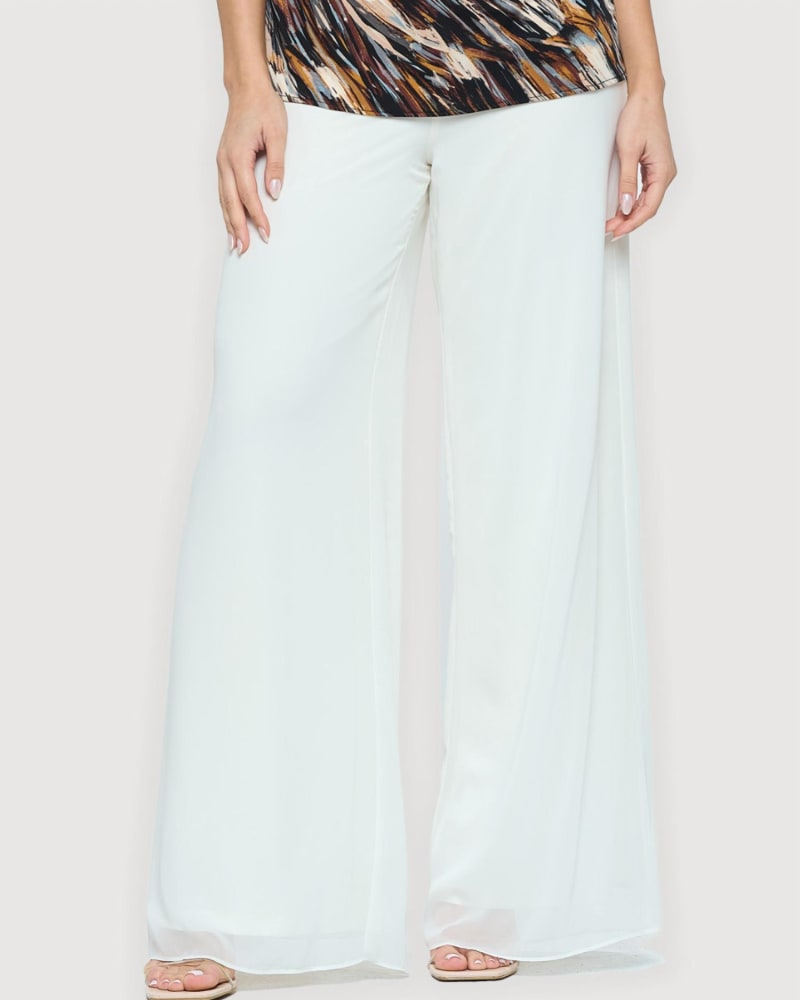 Front of a model wearing a size L Chiffon Wide Leg Pant In Cream in Cream by LAST TANGO. | dia_product_style_image_id:351176